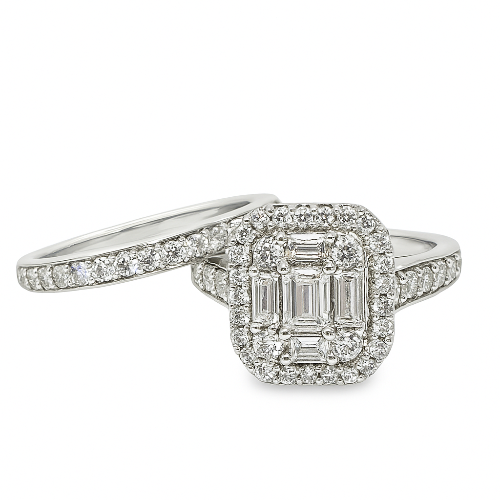 14K White Gold Emerald Cut Diamond Halo Engagement Ring 1.50 ctw | Elegant Bridal Set – Jewelry Palace Lithonia GA