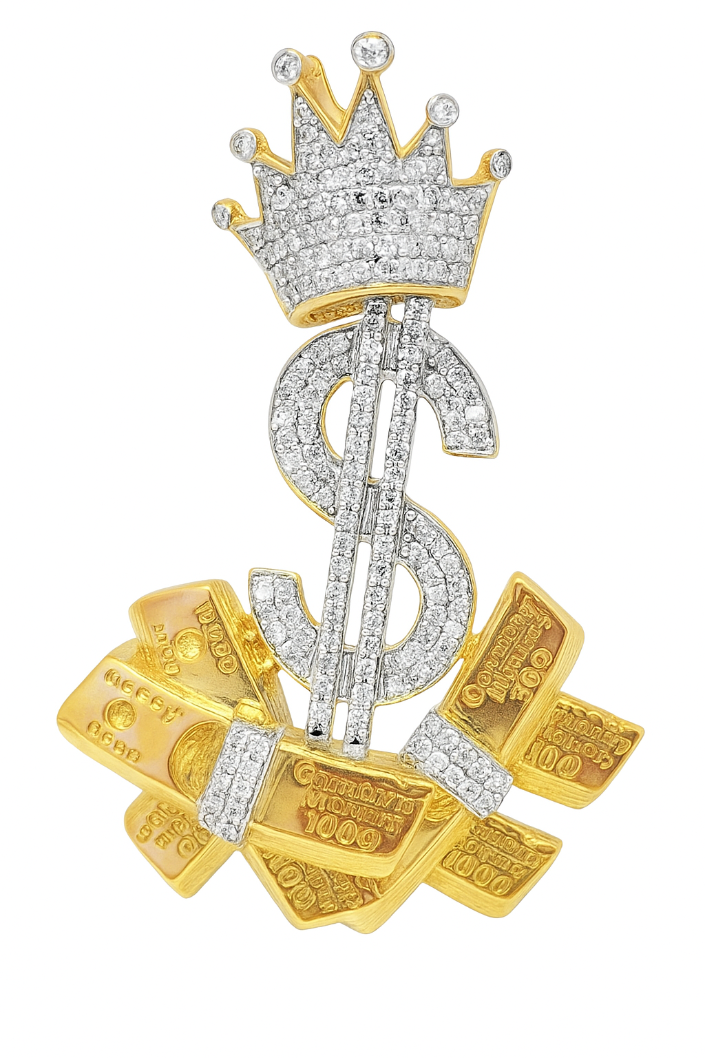 10K Yellow Gold Diamond Dollar Sign Pendant 3/4 ctw – Money Bag & Crown Design | Jewelry Palace