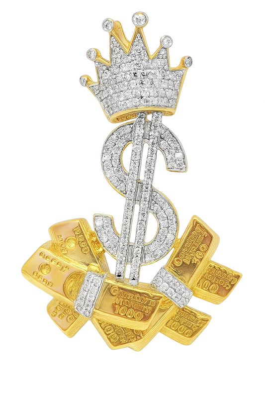 10K Yellow Gold Diamond Dollar Sign Pendant 3/4 ctw – Money Bag & Crown Design | Jewelry Palace