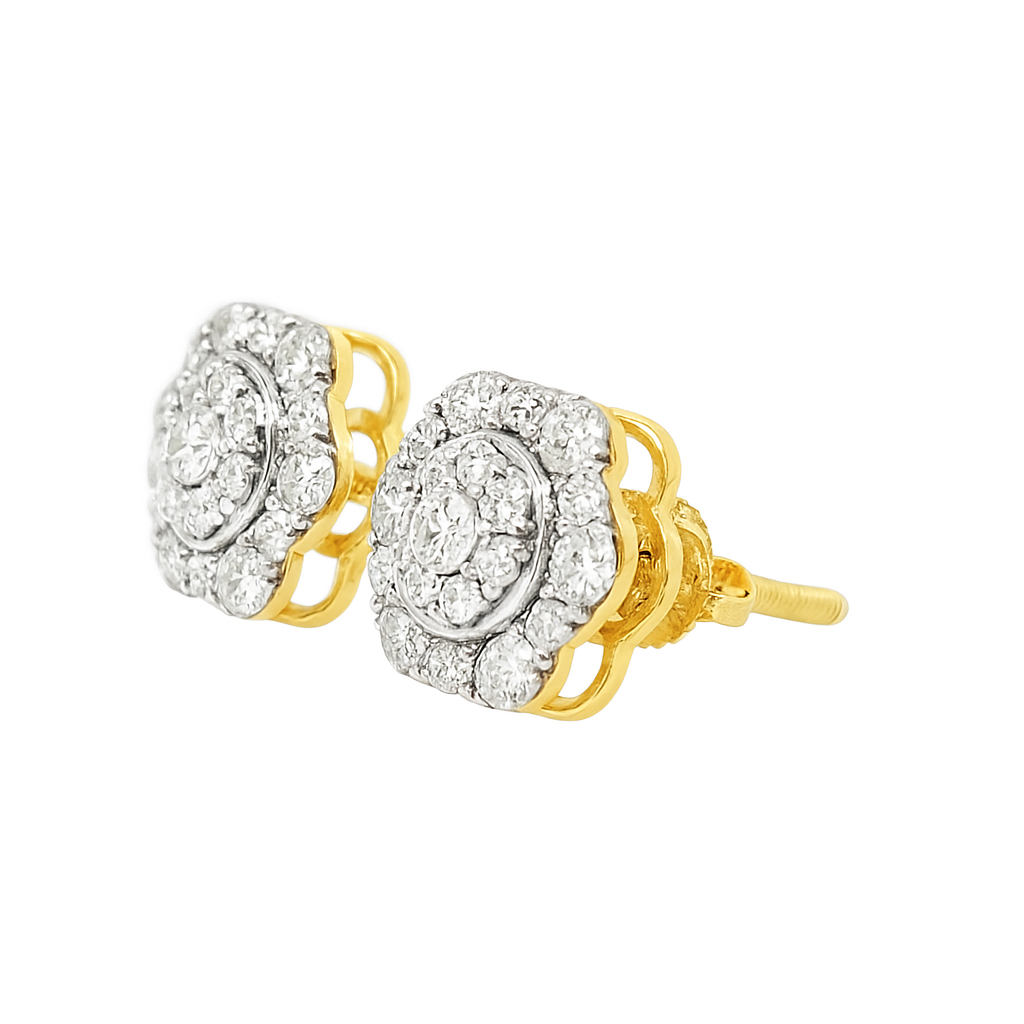 10K Yellow Gold Diamond Flower Halo Earrings 0.60 CTW | Jewelry Palace