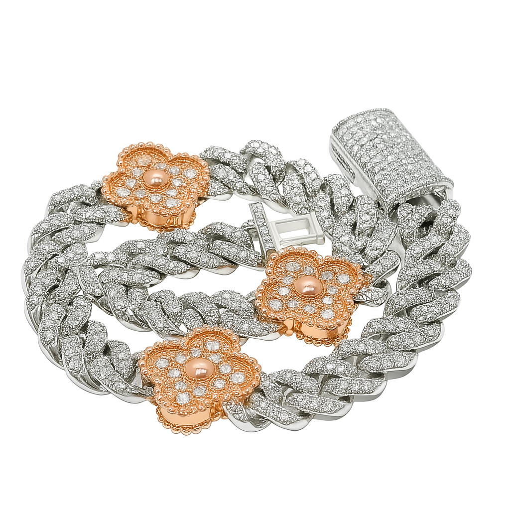 10K White Gold Women’s Clover Cuban Link Diamond Bracelet 5.00 ctw – Two-Tone Luxury Design | Jewelry Palace