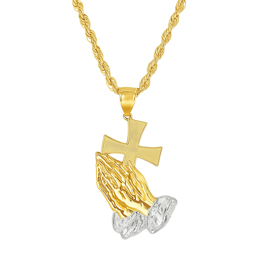 10K Yellow Gold Praying Hands with Cross Pendant Necklace Set – Symbol of Faith & Blessing | Jewelry Palace