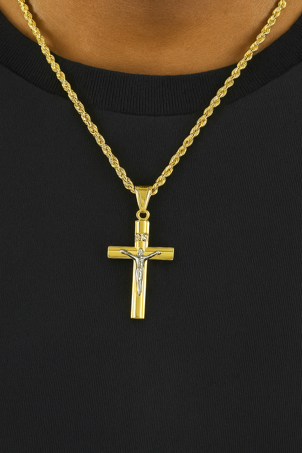 14K yellow gold crucifix cross pendant close-up