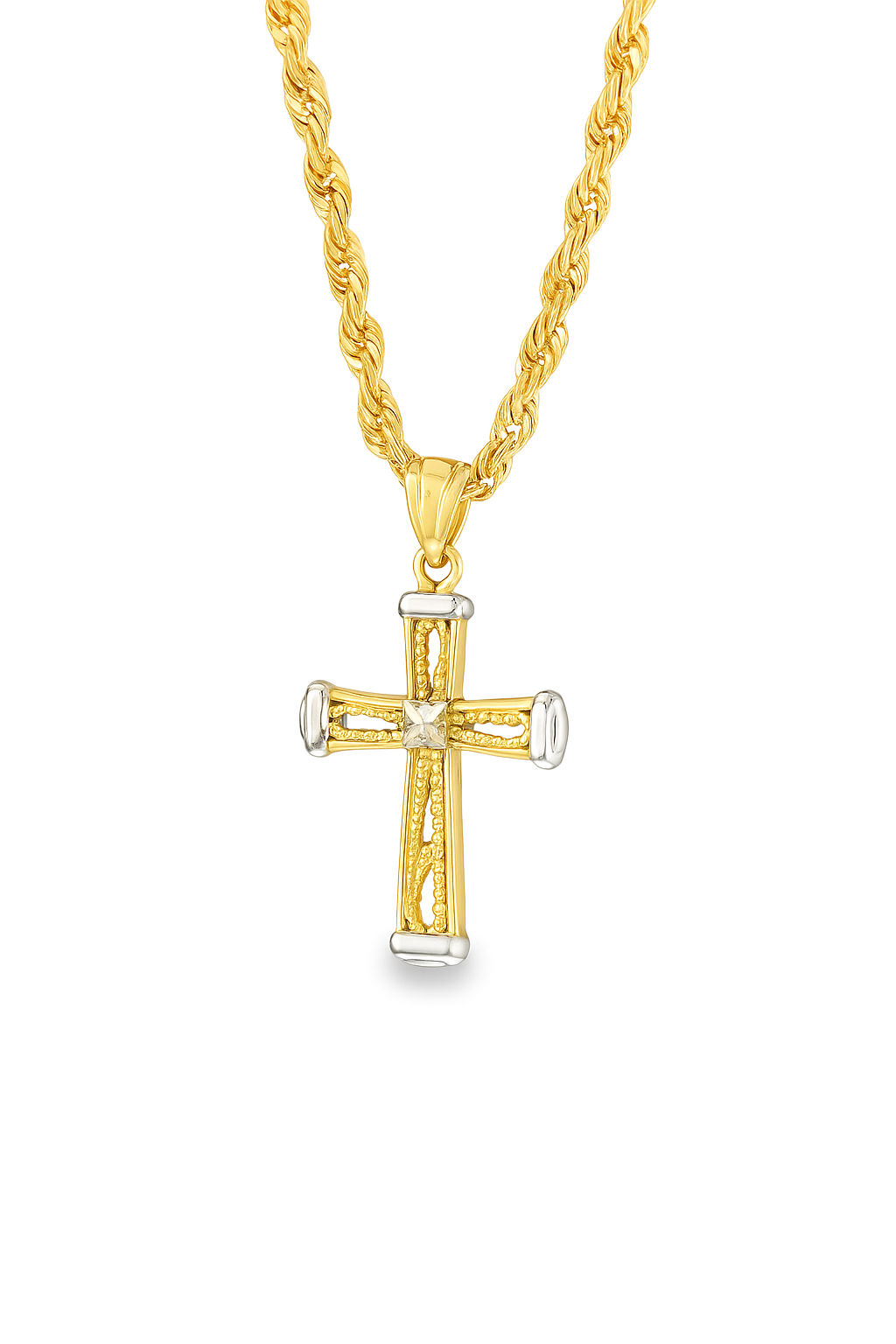 10K two-tone gold cross necklace with rope chain front view