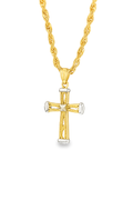 10K two-tone gold cross necklace with rope chain front view