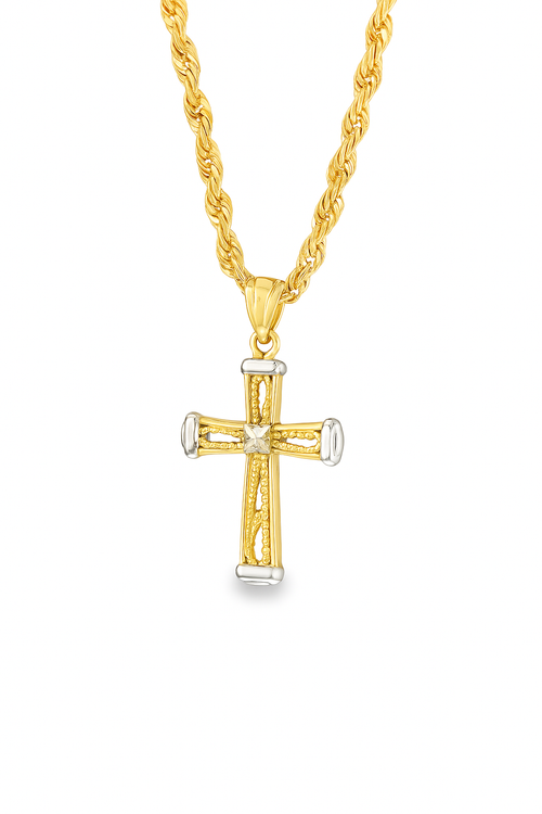 10K two-tone gold cross necklace with rope chain front view