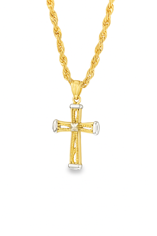 10K Yellow Gold Cross Charm Pendant Necklace | Two-Tone Accent with Rope Chain | Jewelry Palace