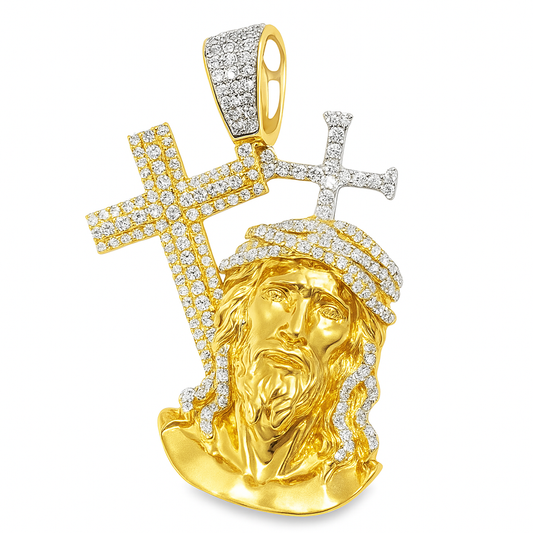 10K Yellow Gold 0.33 ctw Diamond Jesus Head with Crosses Pendant | Faith & Divine Protection | Jewelry Palace
