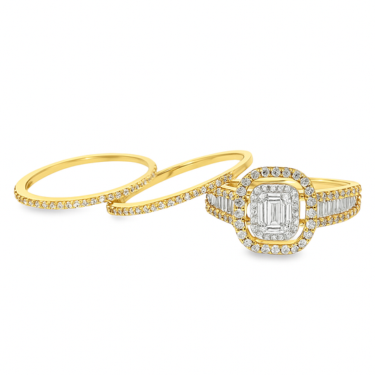 10K Yellow Gold Diamond Ring Set with Baguette Center and 2 Matching Bands 1.50 ctw