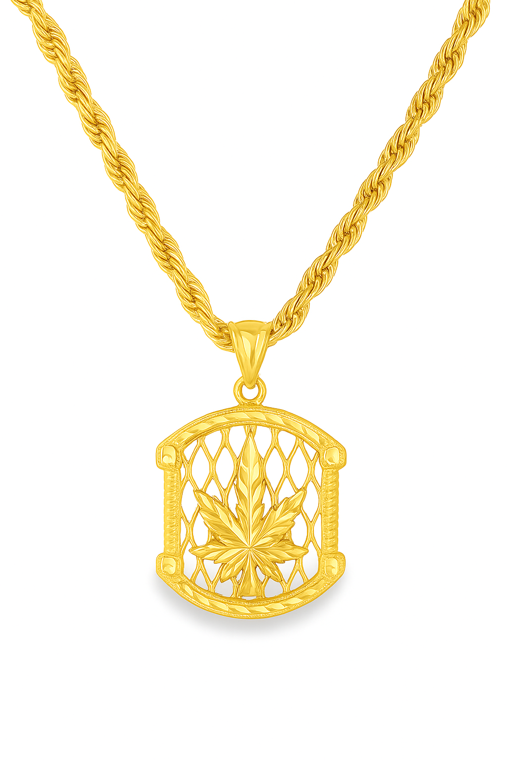 10K Yellow Gold Leaf Motif Charm Pendant Necklace | Rope Chain Design | Jewelry Palace