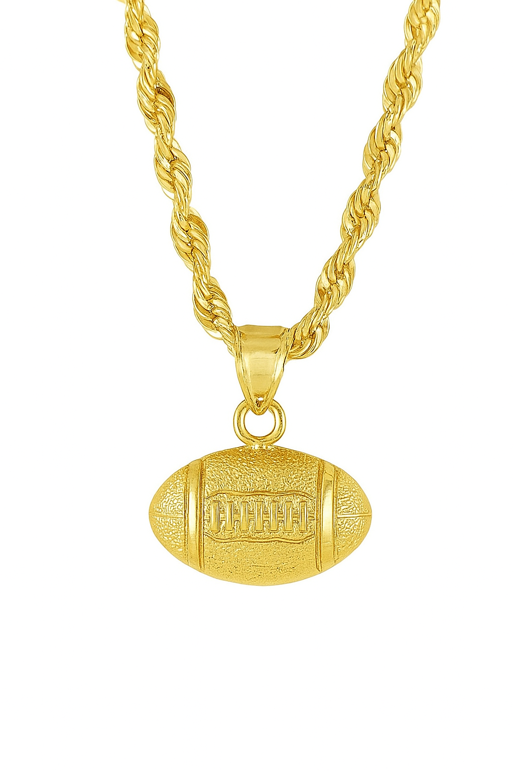 10K yellow gold football pendant necklace with rope chain