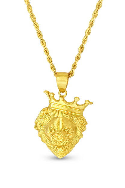10K Yellow Gold Crowned Lion Head Pendant Necklace Set – King of the Jungle Design | Jewelry Palace