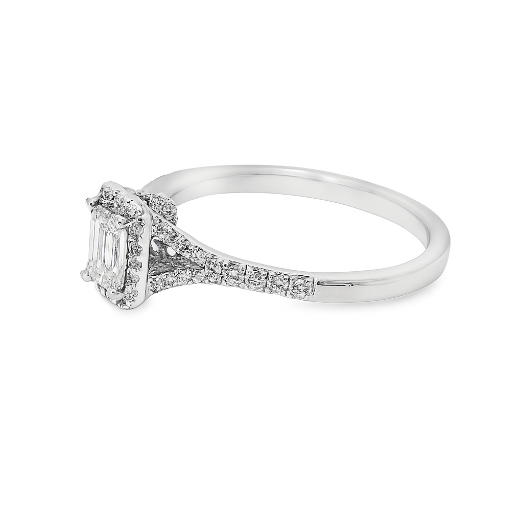 14K White Gold Diamond Engagement Ring with Emerald Cut Center Stone 0.75 ctw Overall