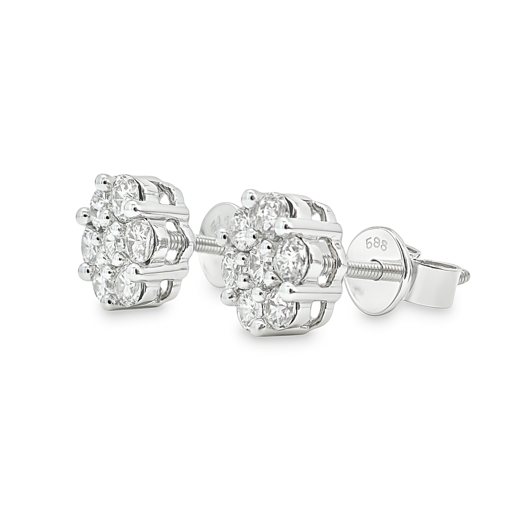 14K White Gold 0.80 ctw Diamond Flower Earrings | Cluster Studs | Jewelry Palace