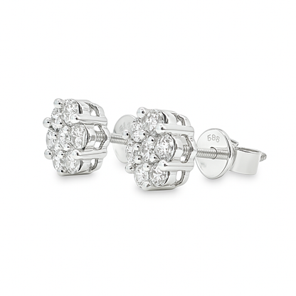 14K White Gold 0.80 ctw Diamond Flower Earrings | Cluster Studs | Jewelry Palace