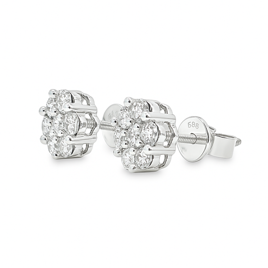 14K White Gold 0.80 ctw Diamond Flower Earrings | Cluster Studs | Jewelry Palace