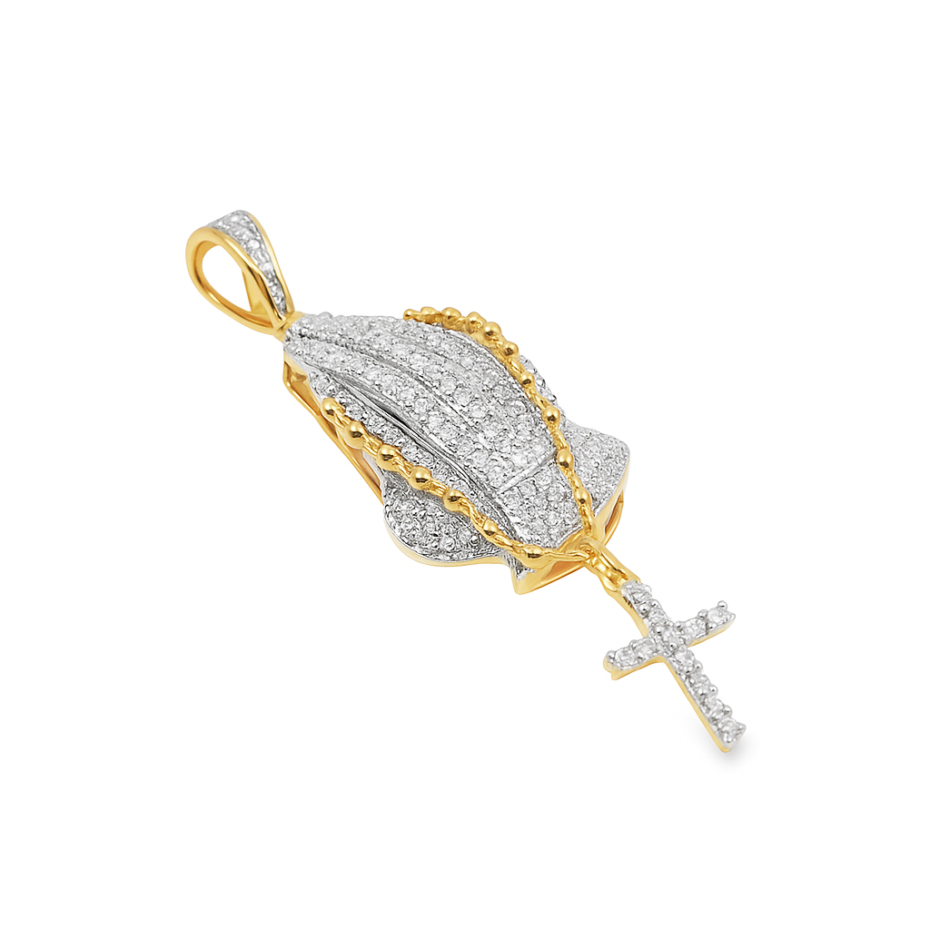 Diamond praying hands pendant with rosary and cross, alternate view