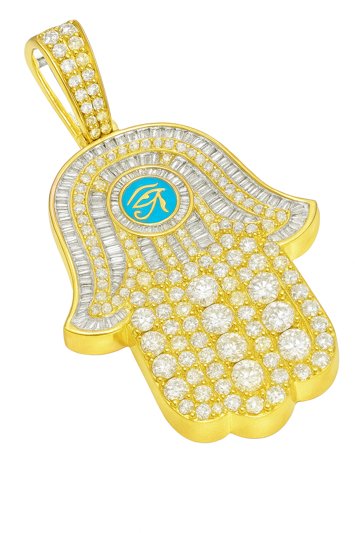10K Yellow Gold Diamond Hamsa Pendant 4.50 ctw | Eye of Horus Baguette & Round Diamond Charm