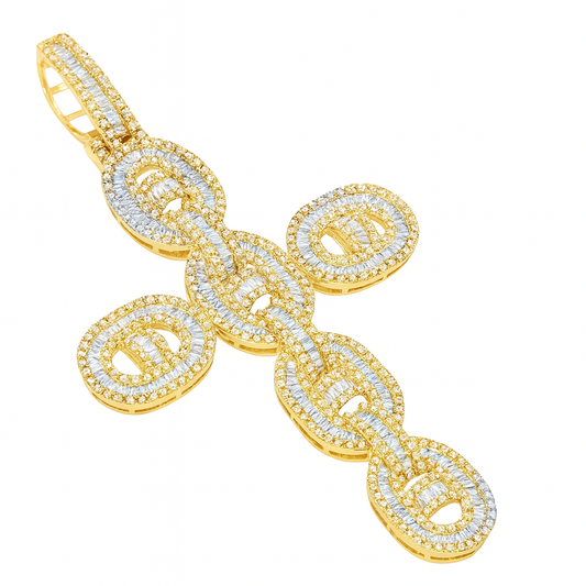10K Yellow Gold Oval Diamond Cross Pendant 5.0 ctw | Iced Out Statement Faith Necklace