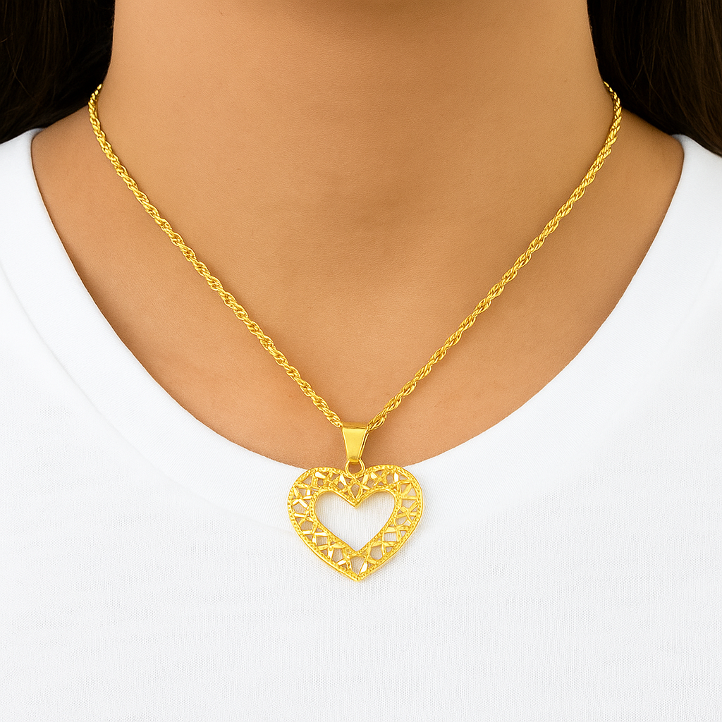 10K Yellow Gold Open Heart Pendant Necklace Set – Diamond-Cut Love Design | Jewelry Palace