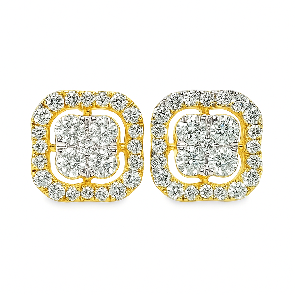 10K Yellow Gold 1.00 ctw Diamond Flower Halo Earrings | 4-Stone Design | Jewelry Palace