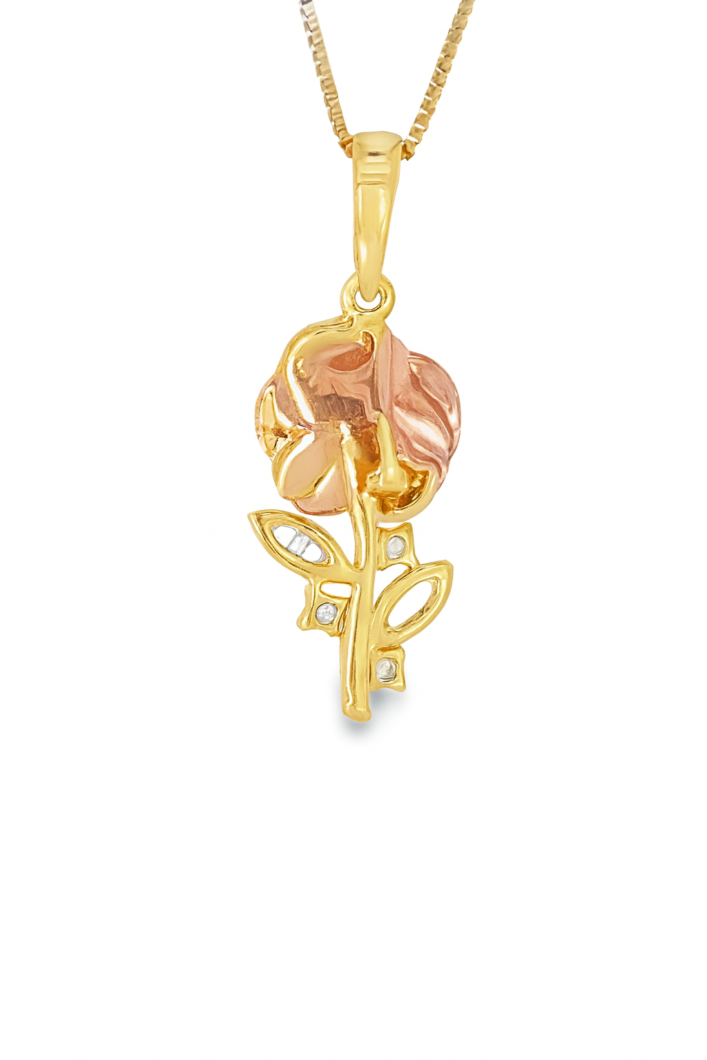 10K Yellow Gold Diamond Rose Flower Charm Necklace Two-Tone Pendant 0.20 CTW