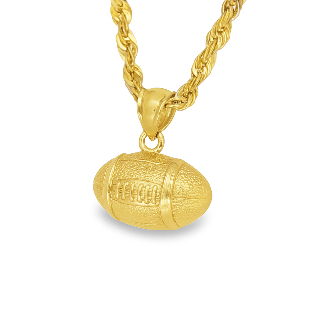 Polished 10K yellow gold football pendant and rope chain