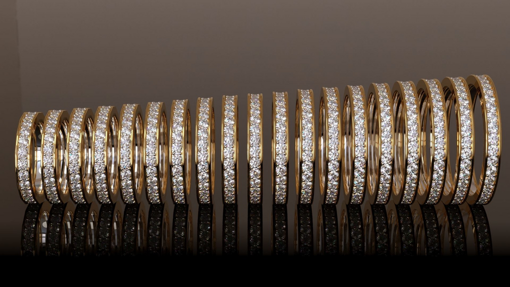 Infinity one-row lab grown diamond eternity band size range in 14K yellow gold