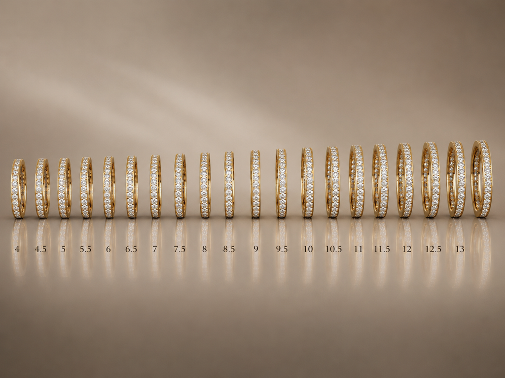 Infinity one-row lab grown diamond eternity band size guide from US 4 to 13
