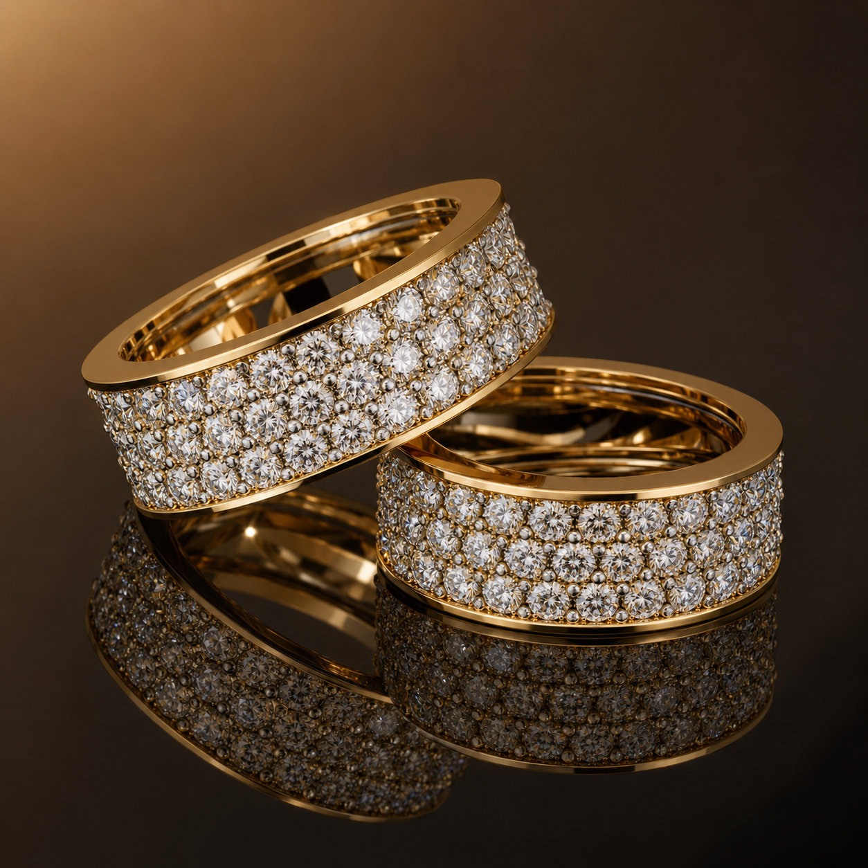 Infinity three-row lab grown diamond eternity band in 14K yellow gold, front angle
