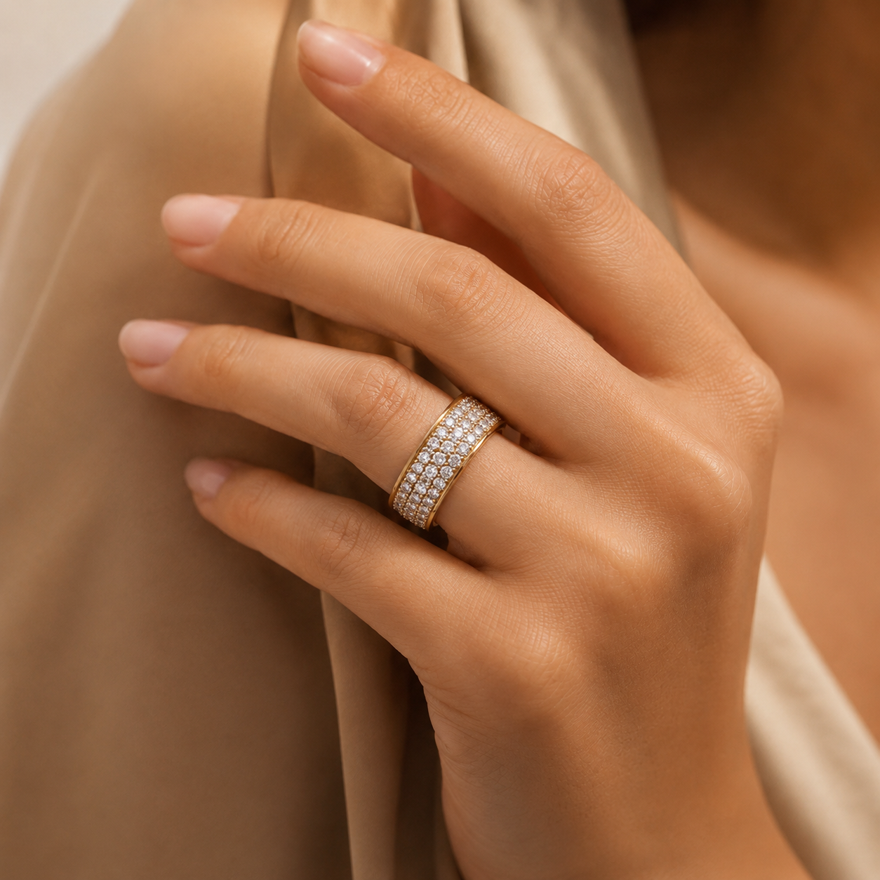 Infinity three-row lab grown diamond eternity band worn on hand