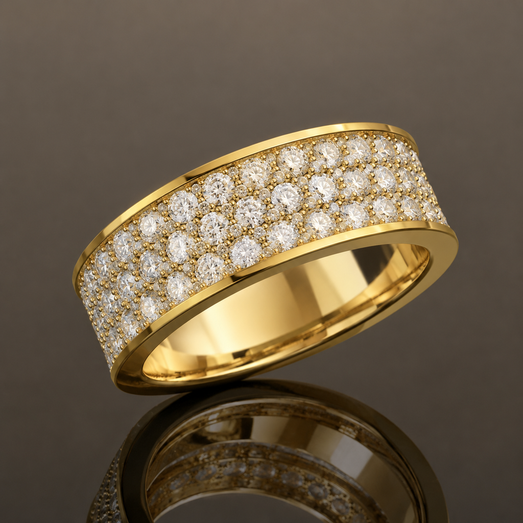 Infinity three-row lab grown diamond eternity band in 14K yellow gold, side angle