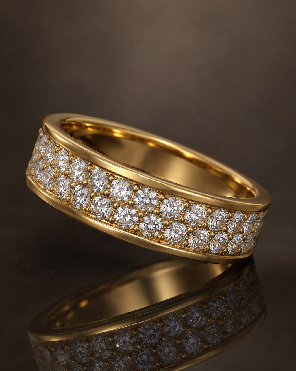 Infinity two-row lab grown diamond eternity band angled view in 14K yellow gold