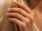 Infinity two-row lab grown diamond eternity band worn correctly on ring finger in 14K yellow gold