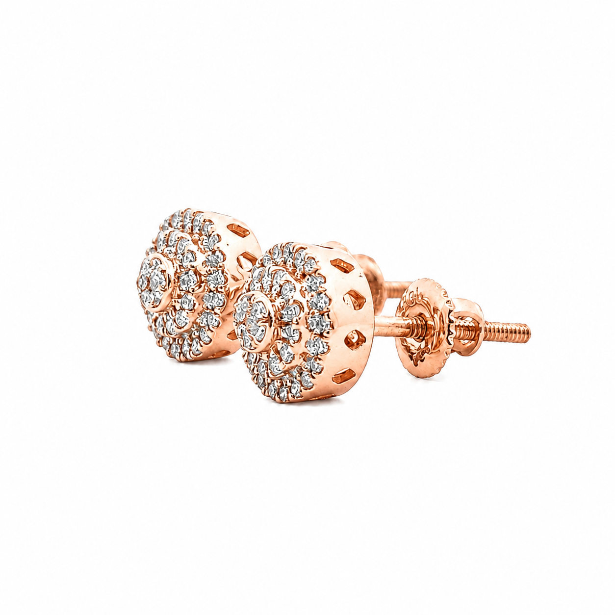 10KT Gold Diamond Double Halo Cluster Earrings 0.22 CTW