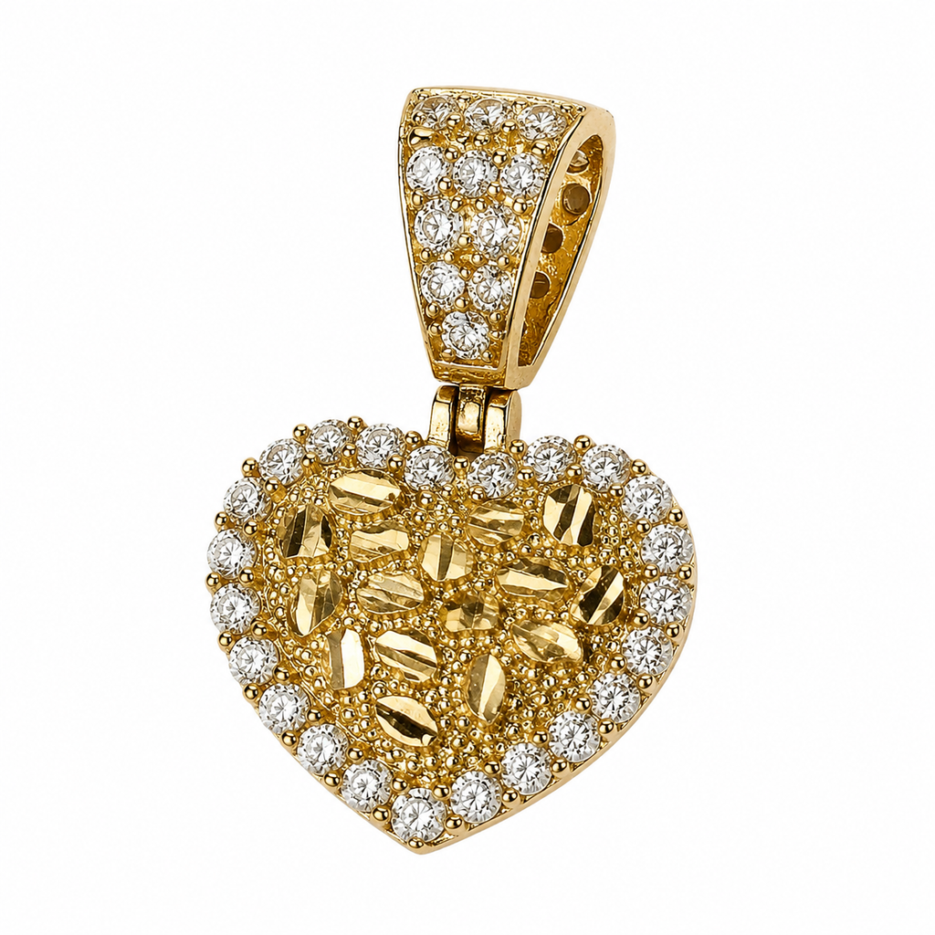 10KT Gold Heart Nugget Pendant with CZ Stones