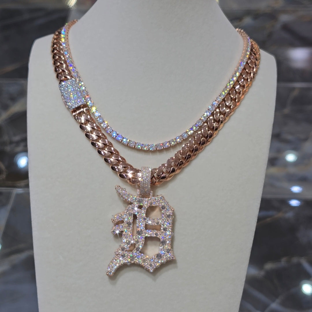 VVS Custom D Pendant with 10mm Cuban and Tennis Chain Set