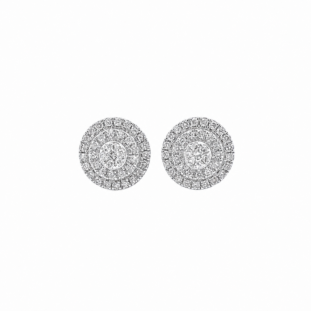 10KT Gold Diamond Double Halo Cluster Earrings 0.22 CTW