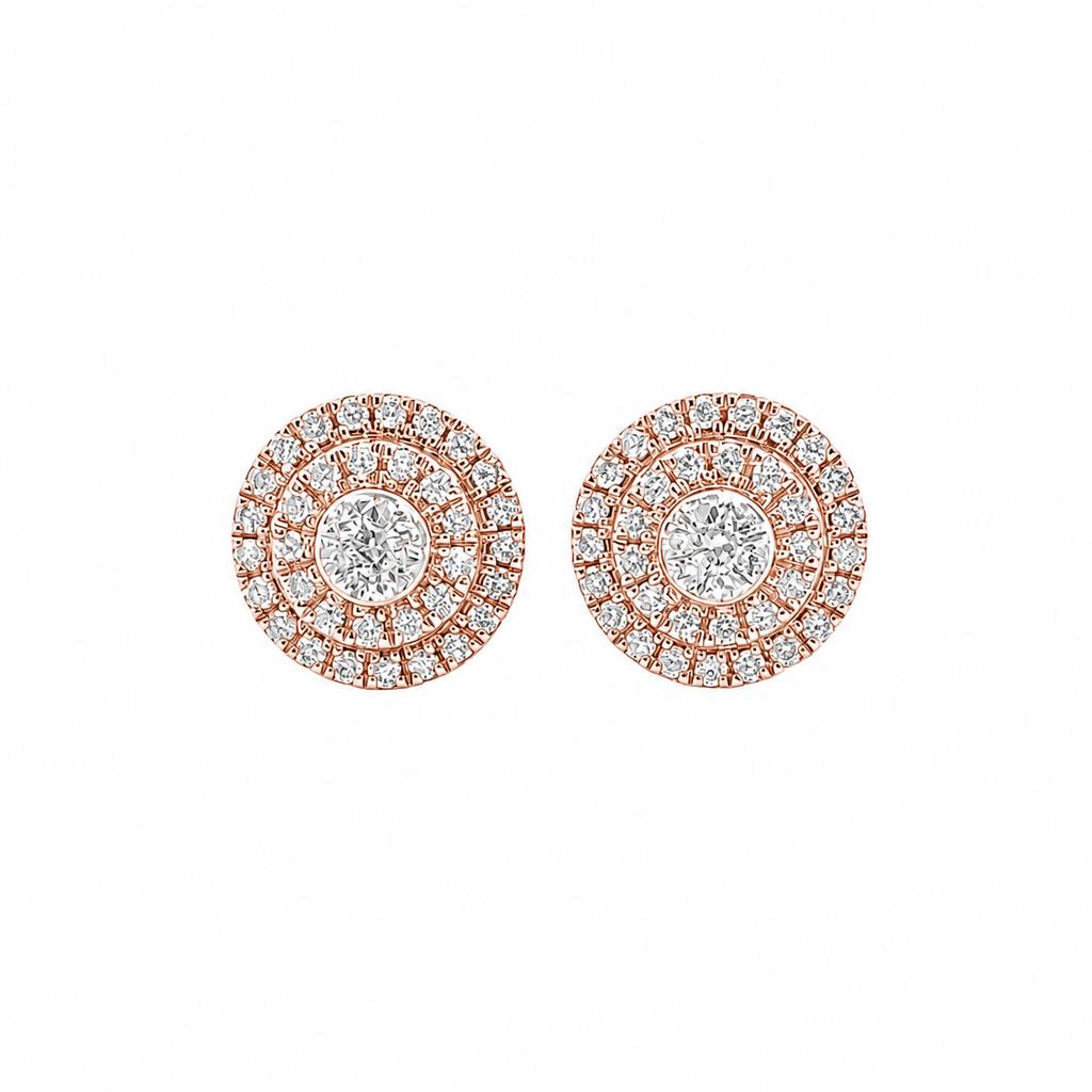 10KT Gold Diamond Double Halo Cluster Earrings 0.22 CTW