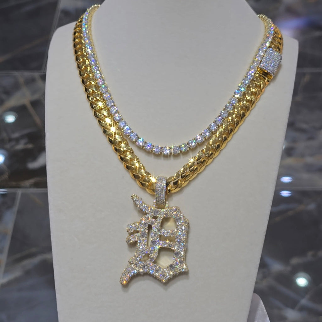 VVS Custom D Pendant with 10mm Cuban and Tennis Chain Set