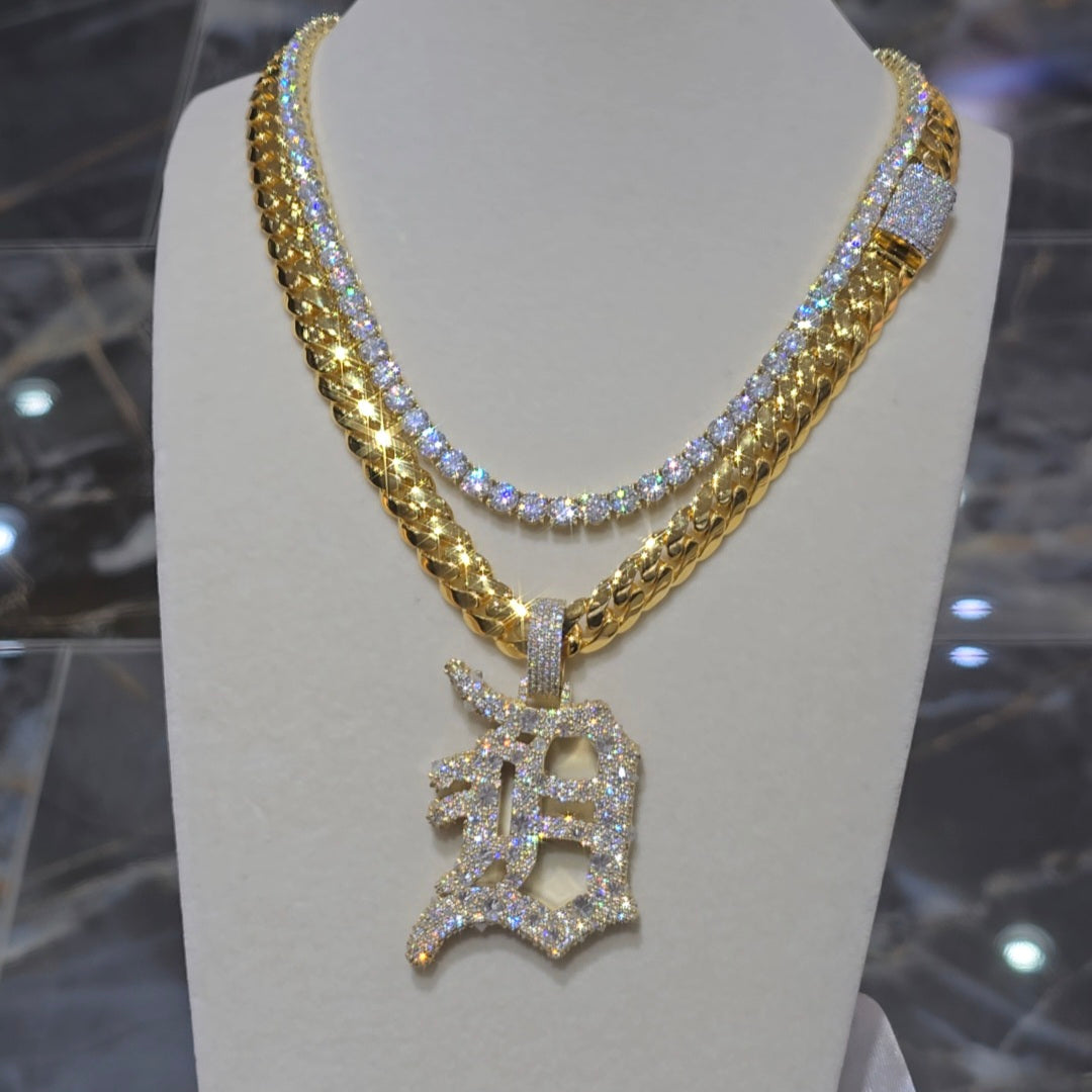 VVS Custom D Pendant with 10mm Cuban and Tennis Chain Set