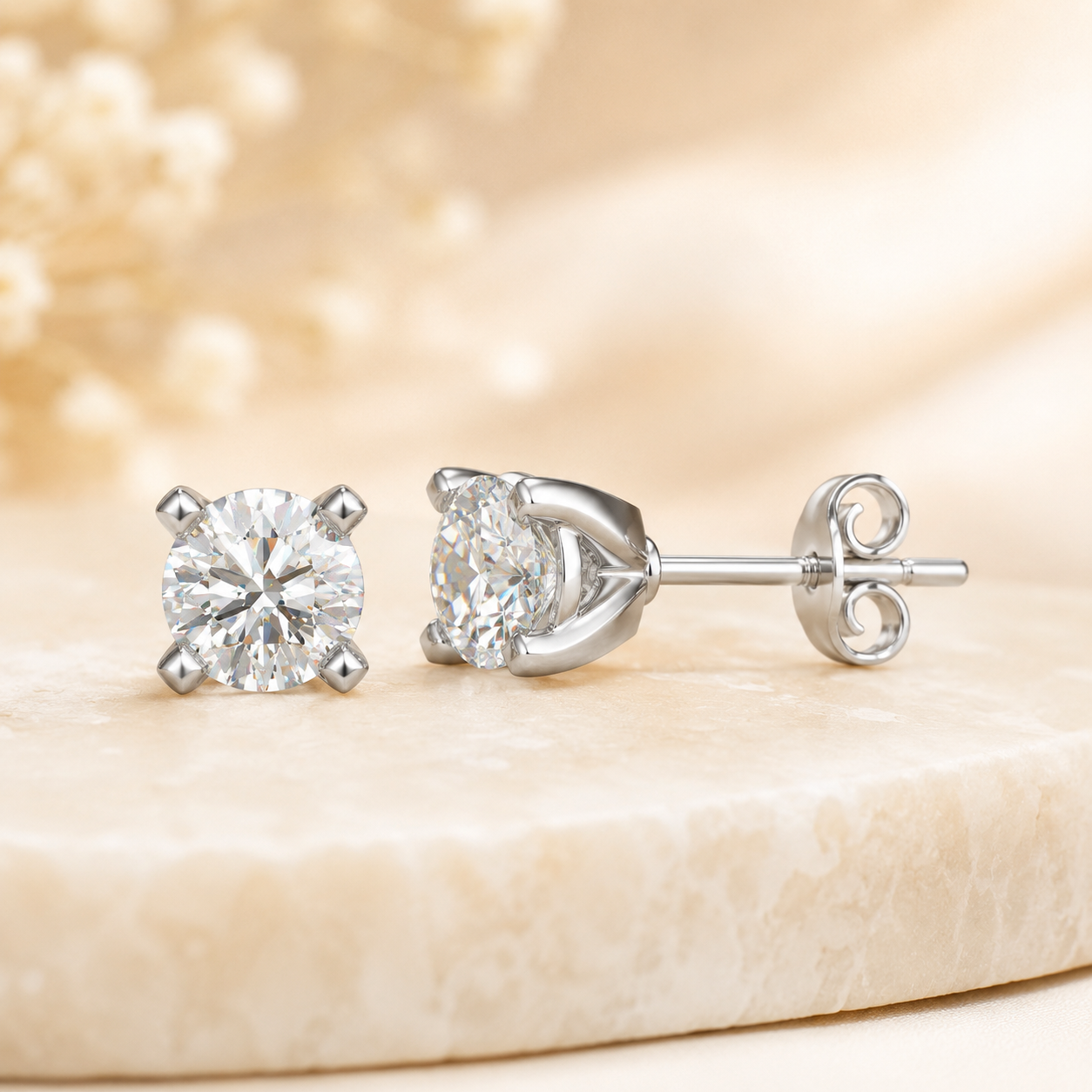 Round four-prong lab grown diamond stud earrings in 14K white gold on a warm neutral luxury background