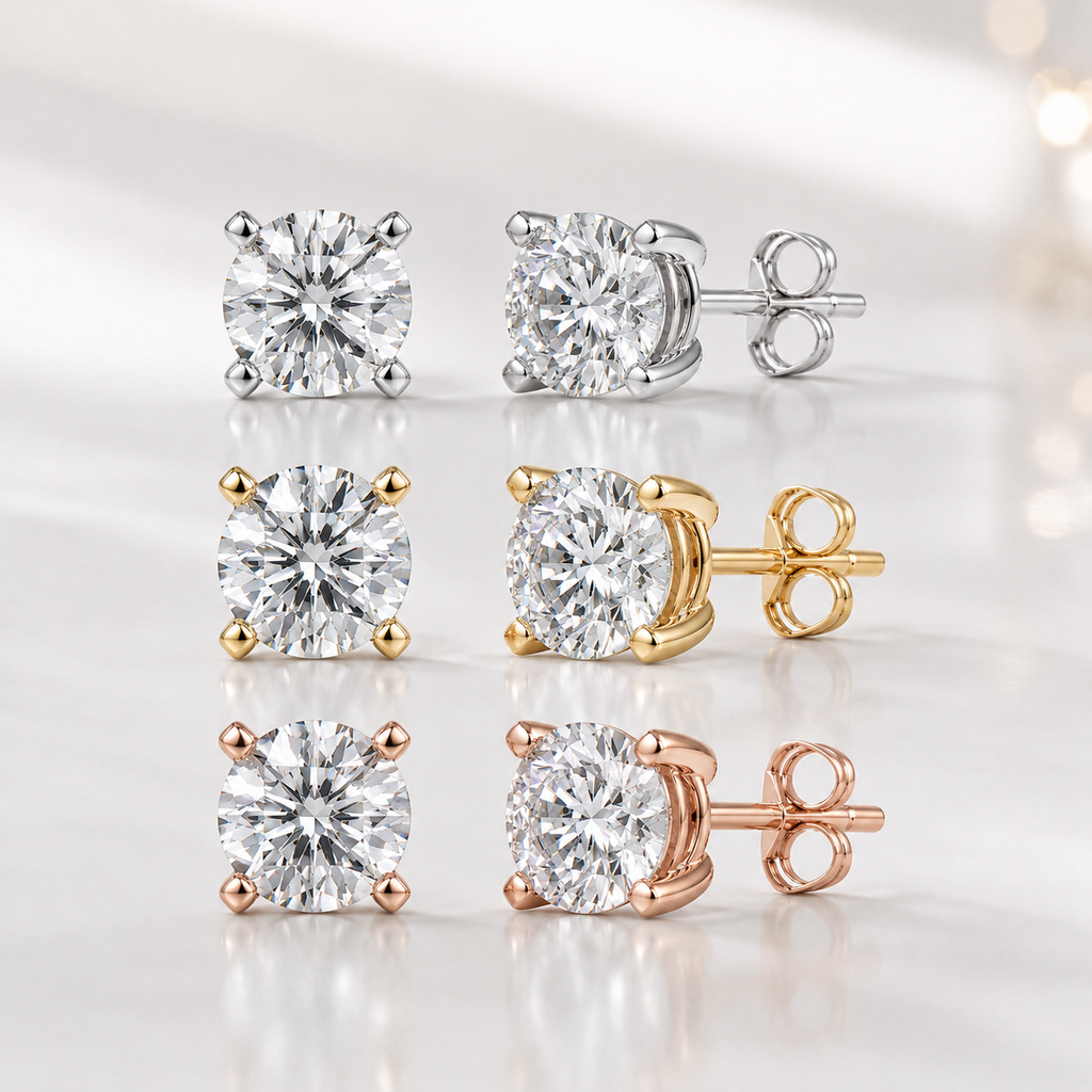Round lab grown diamond stud earrings in white yellow and rose 14K gold