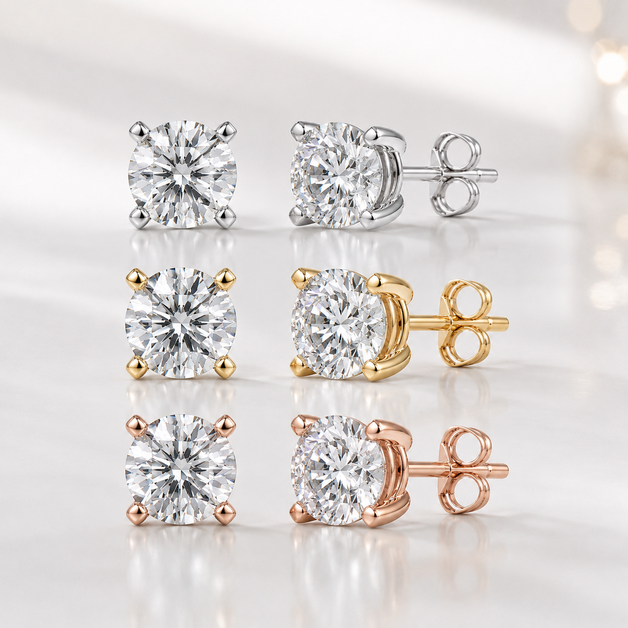Round lab grown diamond stud earrings in white yellow and rose 14K gold