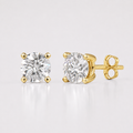 Yellow gold round lab grown diamond stud earrings with four prong solitaire setting