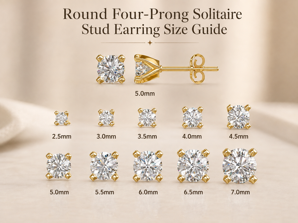 Round four-prong solitaire stud earring size guide from 2.5mm to 7.0mm
